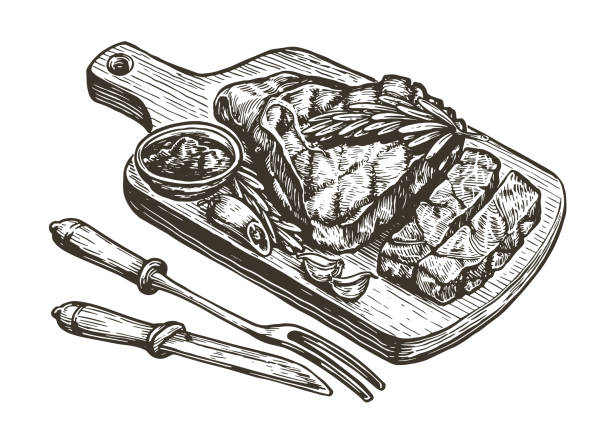 ilustrações de stock, clip art, desenhos animados e ícones de steak barbecue drawing. bbq meat hand drawn sketch vector illustration - costeleta comida ilustrações
