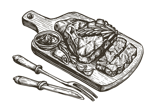 Steak barbecue drawing. BBQ meat hand drawn sketch vector illustration