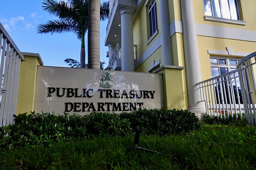 Nassau,Bahamas- December 27,2021:The building of Public Treasury Department of Bahamas.