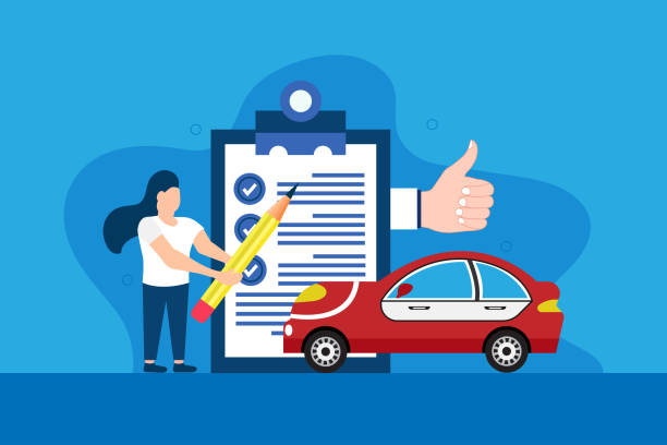 бизнес-леди проверяют концепцию страхования автомобиля - car loan finance symbol stock illustrations