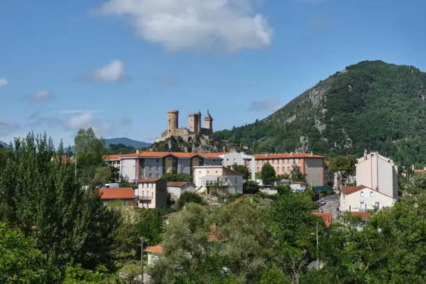 View of the town of Foix and its medieval hilltop castle (Château de Foix), Ariège, Occitanie, France