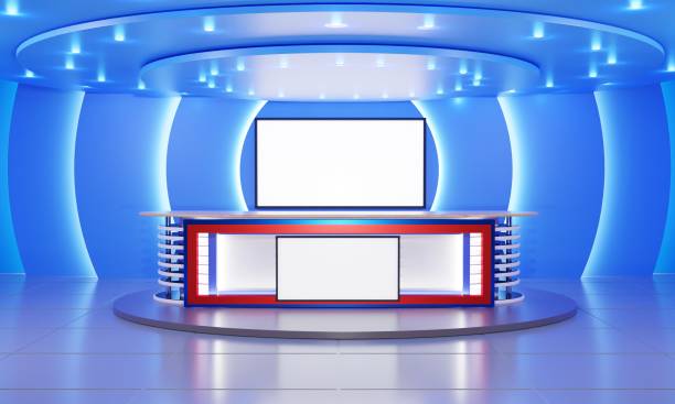istock table on stand with led screen background in blue news studio room.3d rendering. 1370111155