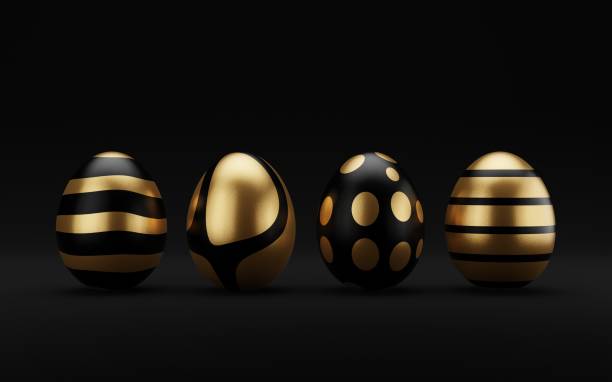 istock 3d render luxury golden easter egg in row on dark background. Elegant painted black Easter eggs with golden shiny paint. Modern decoration, greeting card. 3D rendering illustration 1370113050