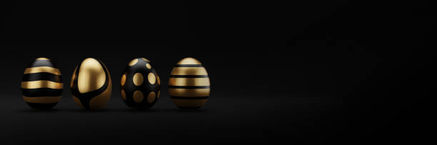 istock 3d render luxury golden easter egg in row on dark background. Elegant painted black Easter eggs with golden shiny paint. Modern decoration, greeting card. 3D rendering illustration 1370113061