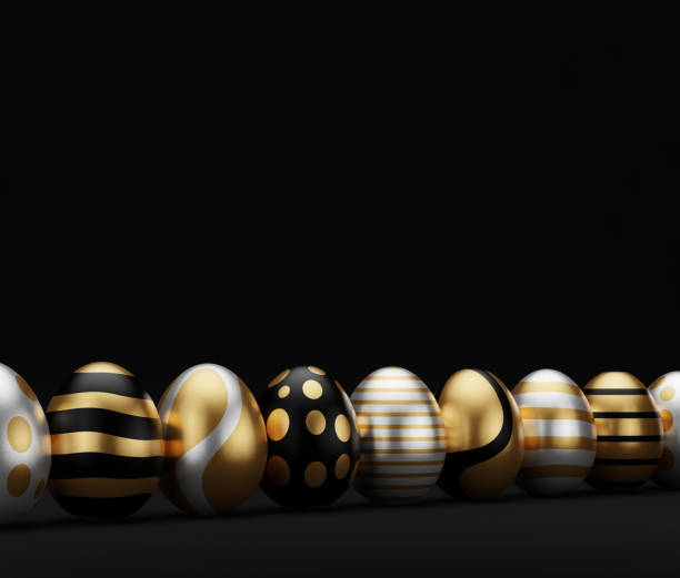 istock 3d render luxury golden easter egg in row on dark background. Elegant painted black Easter eggs with golden shiny paint. Modern decoration, greeting card. 3D rendering illustration 1370113084