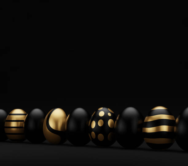 istock 3d render luxury golden easter egg in row on dark background. Elegant painted black Easter eggs with golden shiny paint. Modern decoration, greeting card. 3D rendering illustration 1370113086
