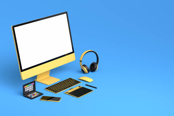 istock Desktop computer with keyboard, mouse, phone and headphones on blue background. 1370113211