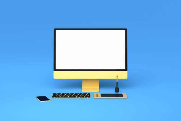 istock Desktop computer with keyboard, phone and digital tablet on blue background. 1370113293