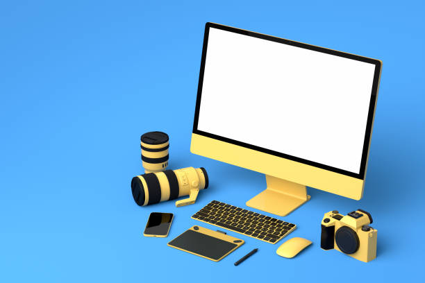 istock Desktop computer with keyboard, tablet, phone and DSLR camera on blue background 1370113295