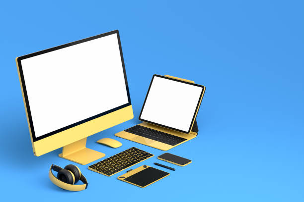 istock Desktop computer with keyboard, mouse, laptop and headphones on blue background. 1370113864