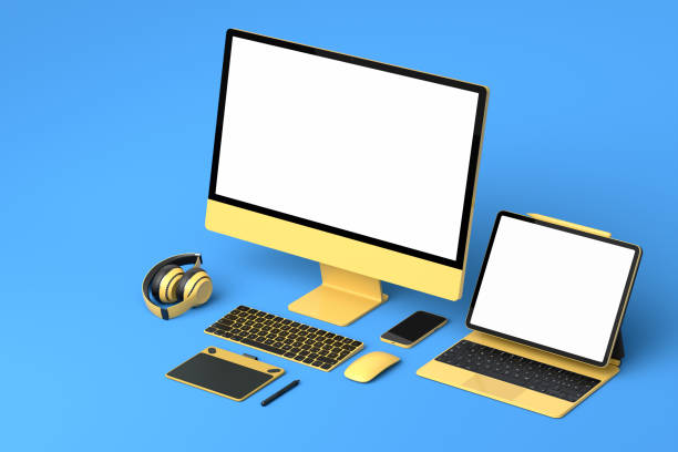istock Desktop computer with keyboard, mouse, laptop and headphones on blue background. 1370113907