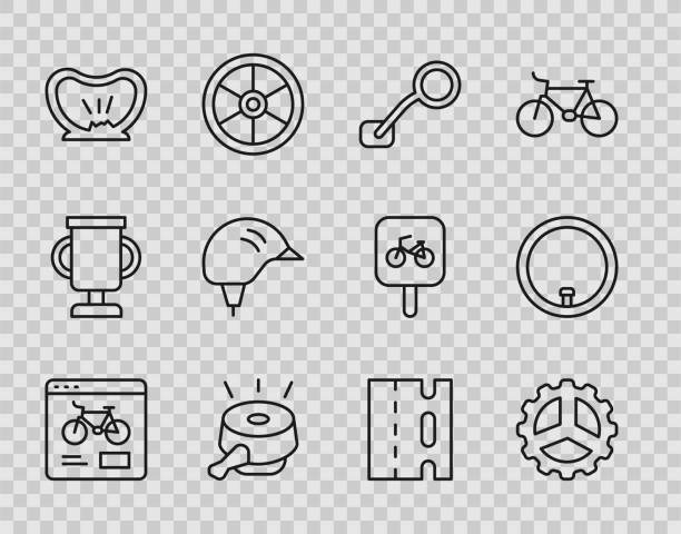 ilustrações de stock, clip art, desenhos animados e ícones de set line bicycle rental mobile app, sprocket crank, rear view mirror, bell, punctured tire, helmet, lane and wheel icon. vector - bicycle sport tire single object