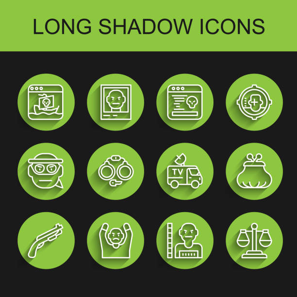 Set line Police shotgun, Thief surrendering hands up, Internet piracy, Suspect criminal, Scales of justice, Handcuffs, Wallet and TV News car icon. Vector Set line Police shotgun Thief surrendering hands up Internet piracy Suspect criminal Scales of justice Handcuffs Wallet and TV News car icon. Vector. wallet gun stock illustrations