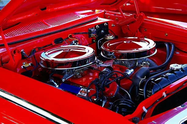 classic muscle car engine with chrome parts