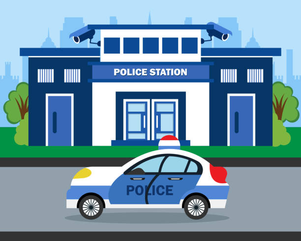 ilustrações, clipart, desenhos animados e ícones de ilustração da delegacia em projeto plano há um carro da polícia estacionado na frente - residential district backgrounds beauty blue