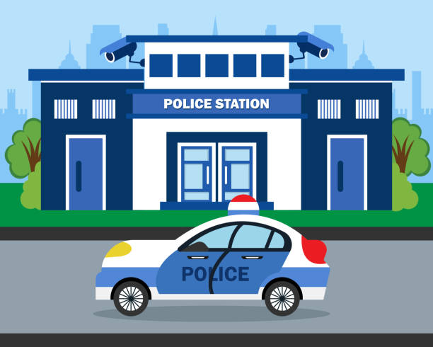 иллюстрация полицейского участка в плоском дизайне перед ним припаркован полицейский автомобиль - police station flash stock illustrations