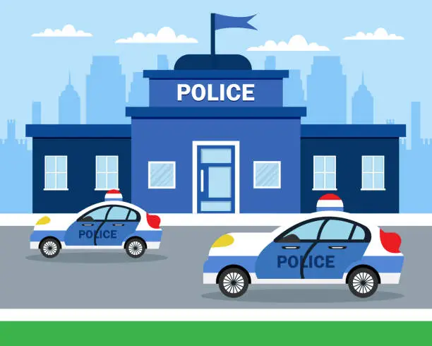 Vector illustration of The police car opposite the of the police station