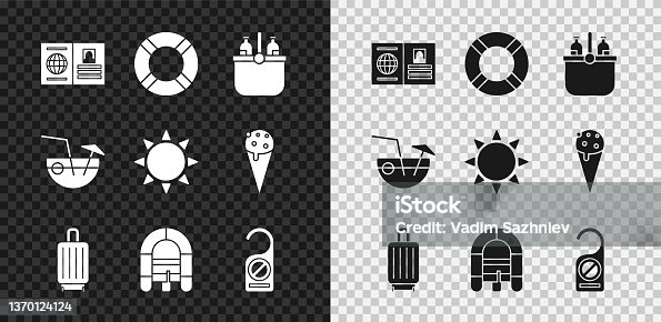 istock Set Passport, Lifebuoy, Cooler bag and water, Suitcase, Rafting boat, Please do not disturb, Coconut cocktail and Sun icon. Vector 1370124124