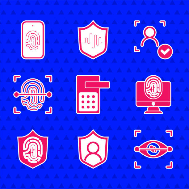 istock Set Digital door lock, User protection, Eye scan, Monitor with fingerprint, Fingerprint shield, Face recognition and Mobile icon. Vector 1370126824