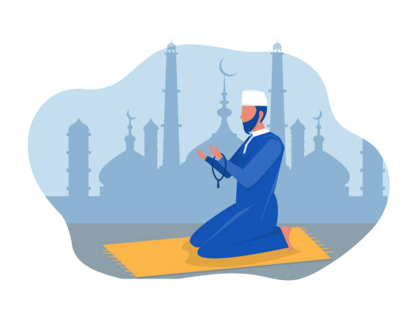 religiöser mann muslimisches gebet in traditioneller kleidung in voller länge vertikale vektorillustrationin moschee hintergrund vektorgrafiken - beten stock-grafiken, -clipart, -cartoons und -symbole