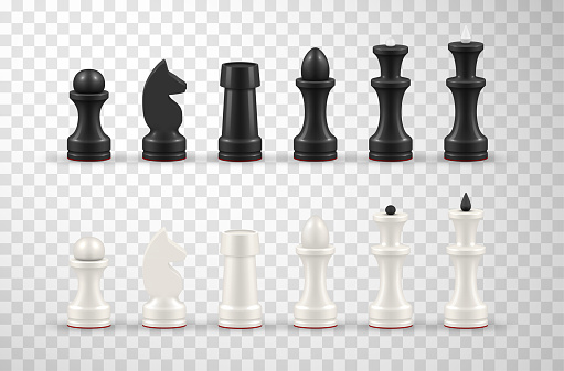 Realistic black and white all chess pieces set in row 3d template vector illustration. King, queen bishop and pawn horse rook figure isolated on transparent. Competition intelligence game play