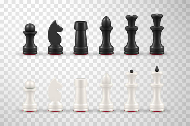 Realistic black and white all chess pieces set in row 3d template vector illustration Realistic black and white all chess pieces set in row 3d template vector illustration. King, queen bishop and pawn horse rook figure isolated on transparent. Competition intelligence game play three dimensional chess stock illustrations