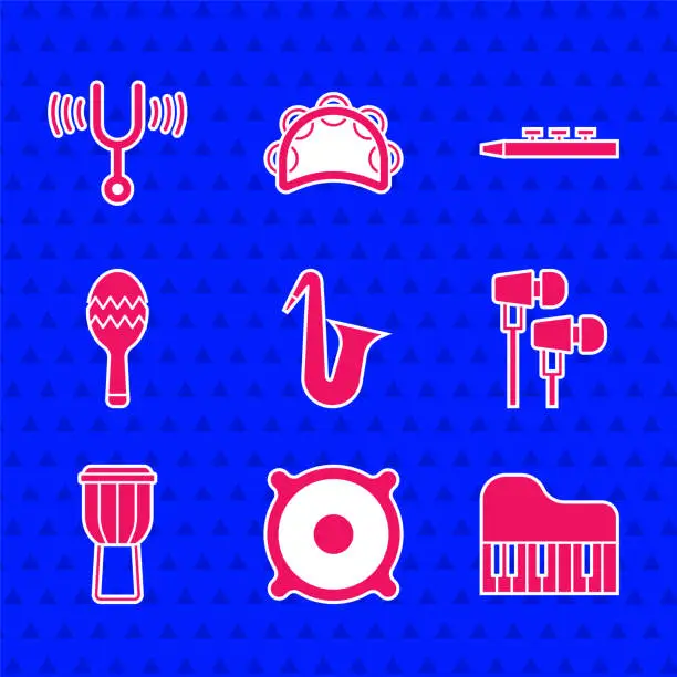Vector illustration of Set Musical instrument saxophone, Stereo speaker, Grand piano, Air headphones, Drum, Maracas, drum sticks and tuning fork icon. Vector