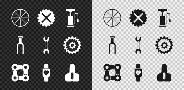 ilustrações de stock, clip art, desenhos animados e ícones de set bicycle wheel, sprocket crank, air pump, chain, smart watch, seat, fork and wrench spanner icon. vector - fork wrench