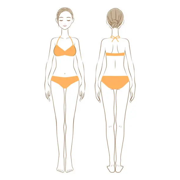 Vector illustration of Full body illustration of a woman in a swimsuit with eyes and closed Front and back view