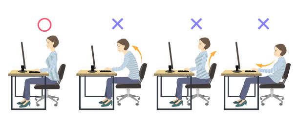 ilustraciones, imágenes clip art, dibujos animados e iconos de stock de postura correcta al usar una ilustración de comparación de computadora - sitting upright