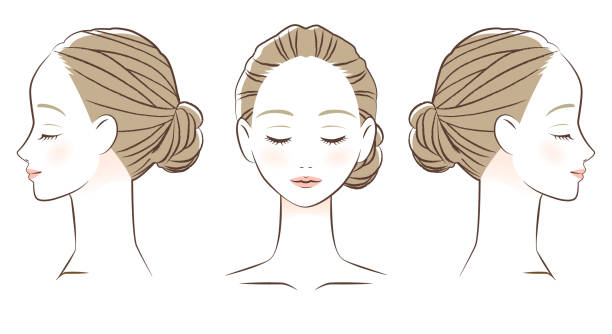 ilustraciones, imágenes clip art, dibujos animados e iconos de stock de cara de mujer con los ojos cerrados, vista frontal y lateral dibujo de línea - hair bun asian ethnicity profile women