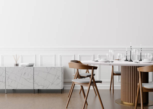 istock Empty white wall in modern dining room. Mock up interior in contemporary style. Free space, copy space for your picture, text, or another design. Dining table with chairs, parquet floor. 3D rendering. 1370131353