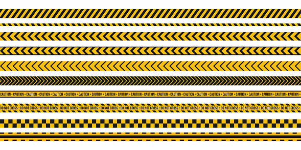 Caution yellow tape. Police stripe, crime scene, do not cross lines. Restricted area yellow stripe. Set of seamless warning tapes. Vector