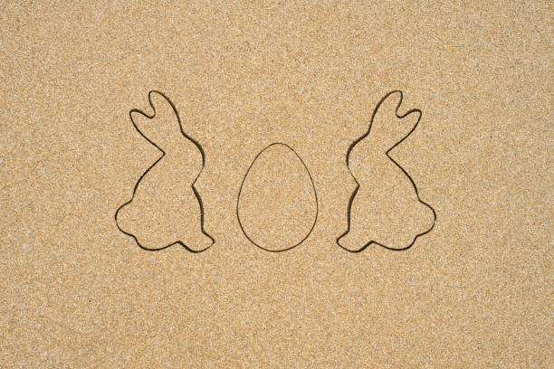 Drawing creative two easter bunny and huge egg on the sand on the beach.