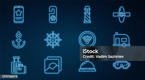 istock Set line Ski goggles, Rv Camping trailer, Lighthouse, Ship steering wheel, Anchor, Mobile with review rating, Wi-Fi wireless internet network and Please do not disturb icon. Vector 1370136073