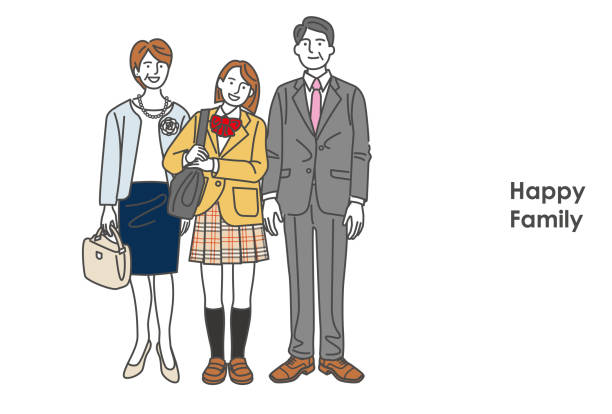 ilustrações de stock, clip art, desenhos animados e ícones de a commemorative photo-style illustration of a daughter entering high school and her parents - dress to impress