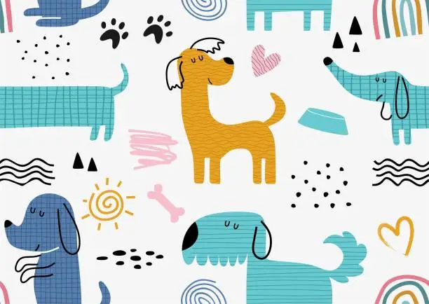 Vector illustration of Childish seamless pattern with funny dogs.