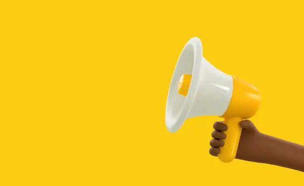 Vector illustration of 3d cartoon African hand holding megaphone vector illustration. Promotion advertising or hirind 3d loudspeaker in african american arm.