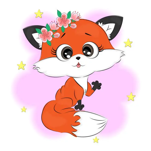 Vector illustration of little red fox Cute children's illustration, textile print, t-shirt packaging, children's room decoration, holiday card decoration, Vector illustration