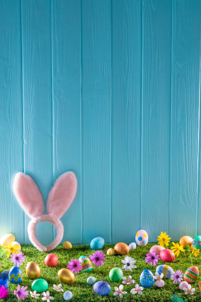 Easter eggs on turf grass and blue wooden wall with spring vivid flowers