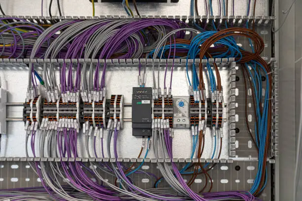 A closeup shot of a control panel with wiring