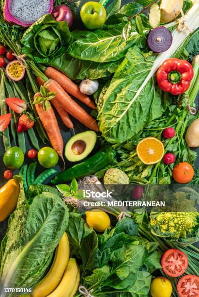 Fruits And Vegetables Assorted Full Frame Background Featuring Leaf Vegetables Stock Photo - Download Image Now