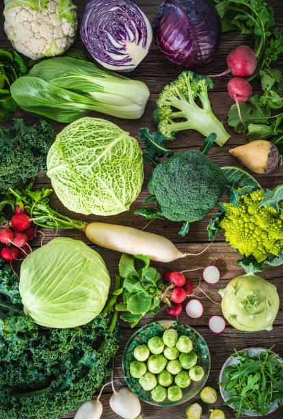 istock Crucifers vegetables assortment as cabbage, broccoli, cabbage, turnip, kale, romanesco, radish, arugula 1370150653