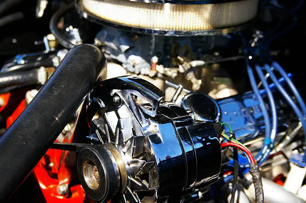 classic muscle car engine, restored chrome parts