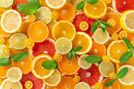 Citrus fruits slices arrangement including orange, lemon, lime, grapefruit, tangerine and kumquat closeup full frame