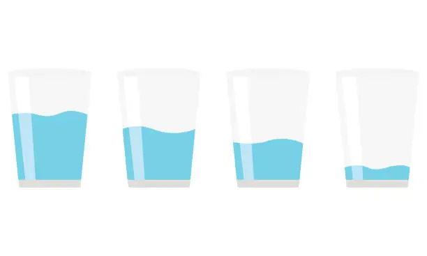 Vector illustration of Glasses of water set. Full, half, empty glasses of water.