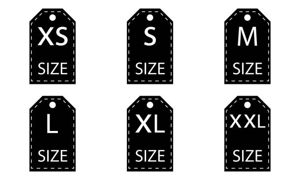 zestaw z ikonami rozmiaru ubrania do projektowania tkanin. rozmiary : xs, s, m, l, xl, xxl. - large small scale clothing stock illustrations