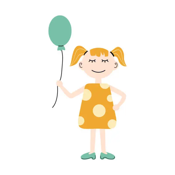 Vector illustration of Vector cute little girl with green balloon. Smile child. Color clip art.