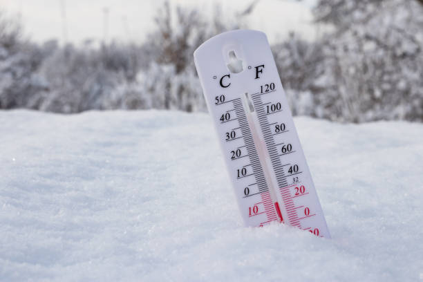 istock Low temperature thermometer in the snow in Celsius or Fahrenheit 1370155167