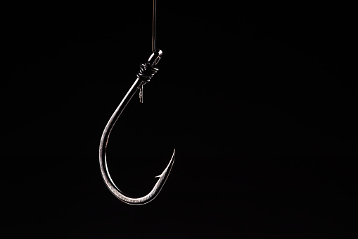 Fishing hook on a black background. trap, catch on, risk. Business concept idea.